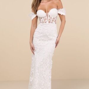 Lulus Midnight Sparkle White Embroidered Feather Bustier Maxi Dress - Size XS